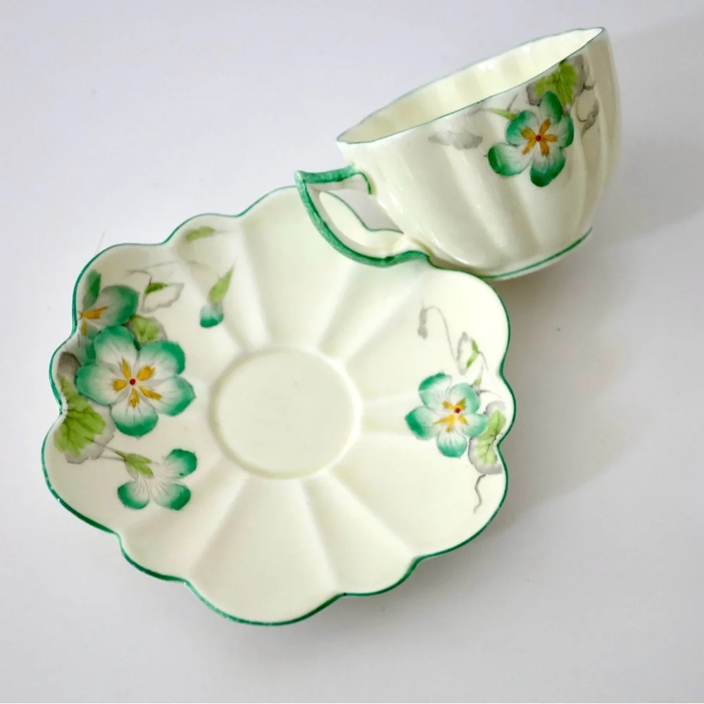 RARE 1930s Paragon Teacup & Saucer, Art Deco Vintage, Flower Shape, Green Flower